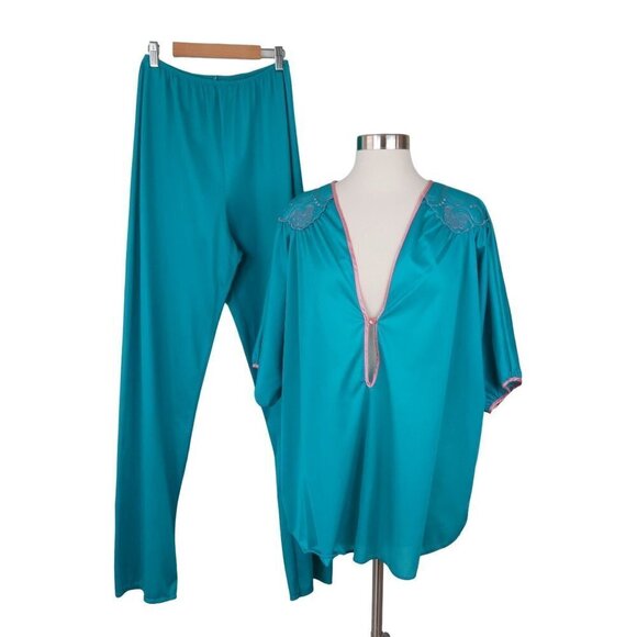 Vintage Other - Vintage UNDERCOVER WEAR 80s Women's Teal Pink Two Piece Pajama Set L Pants Top
